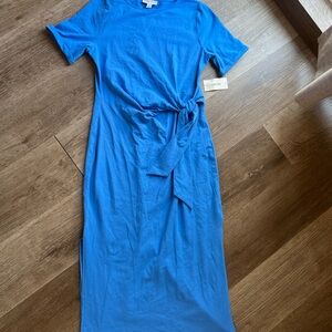 Chic Blue Midi Dress with Tie Waist